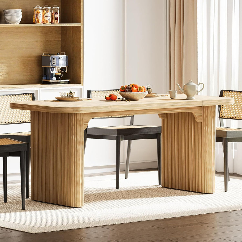 Modern Dining Table for 6 People, 62-Inch Natural Wood Kitchen Table with Double Robust Pedestal, Long Rectangle