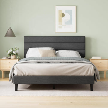 Queen Piper Upholstered Platform Bed with Horizontal Paneled Headboard, Wooden Slat Support, No Box Spring Needed