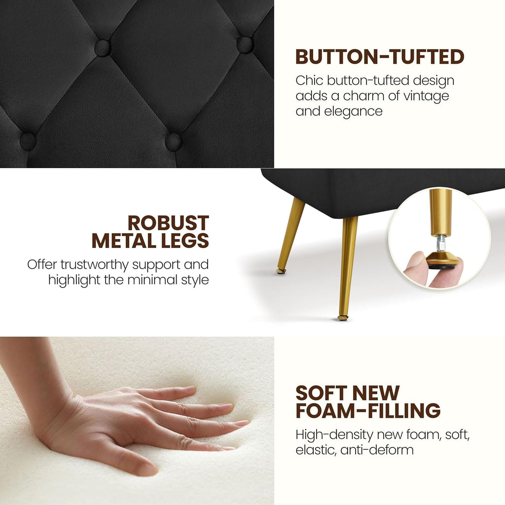 45in Velvet Ottoman Bench End of Bed, Black | Tufted Upholstered Bench Seat, Bed Bench with Tapered Gold Metal Legs