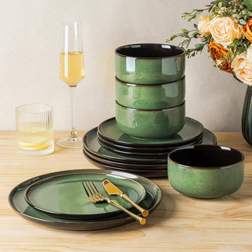 Ceramic Dinnerware Sets for 4,Porcelain Plates and Bowls Sets,Handmade Reactive Glaze Dishes Set,Oven&Dishwasher & Microwave Safe,Service for 4