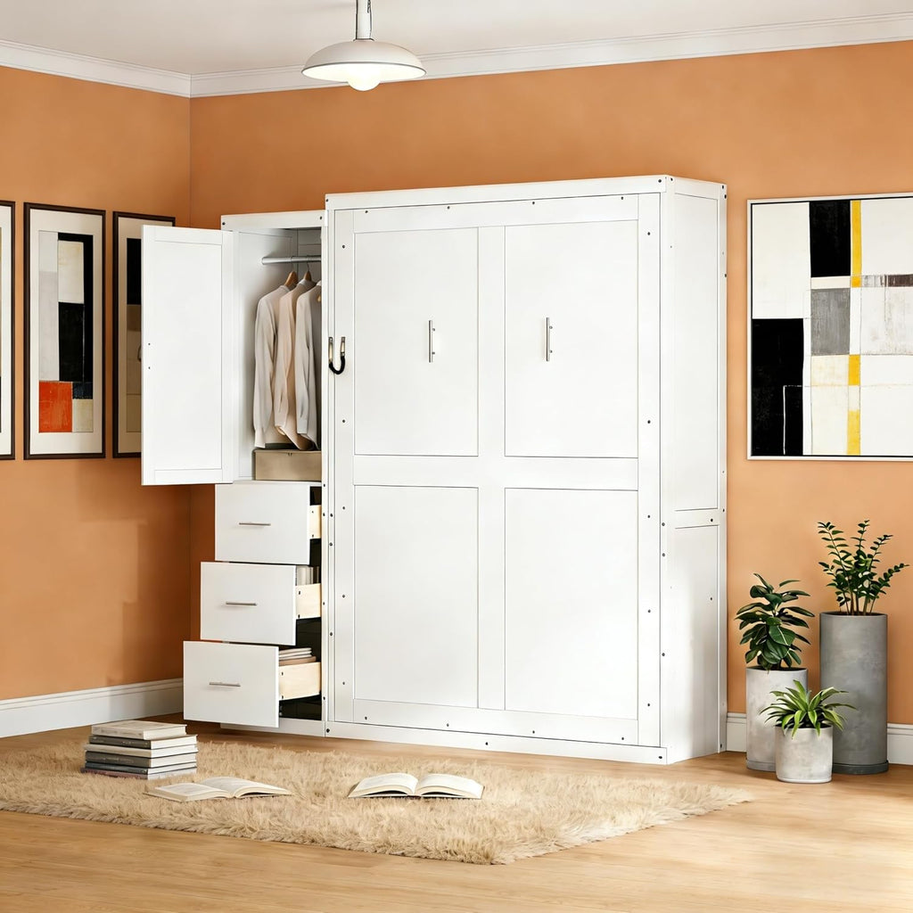 Full Murphy Bed with Storage, Wood Hideaway Wall Bed Frame with 3 Drawers & Wardrobe, Space-Saving Murphy Bed Cabinet