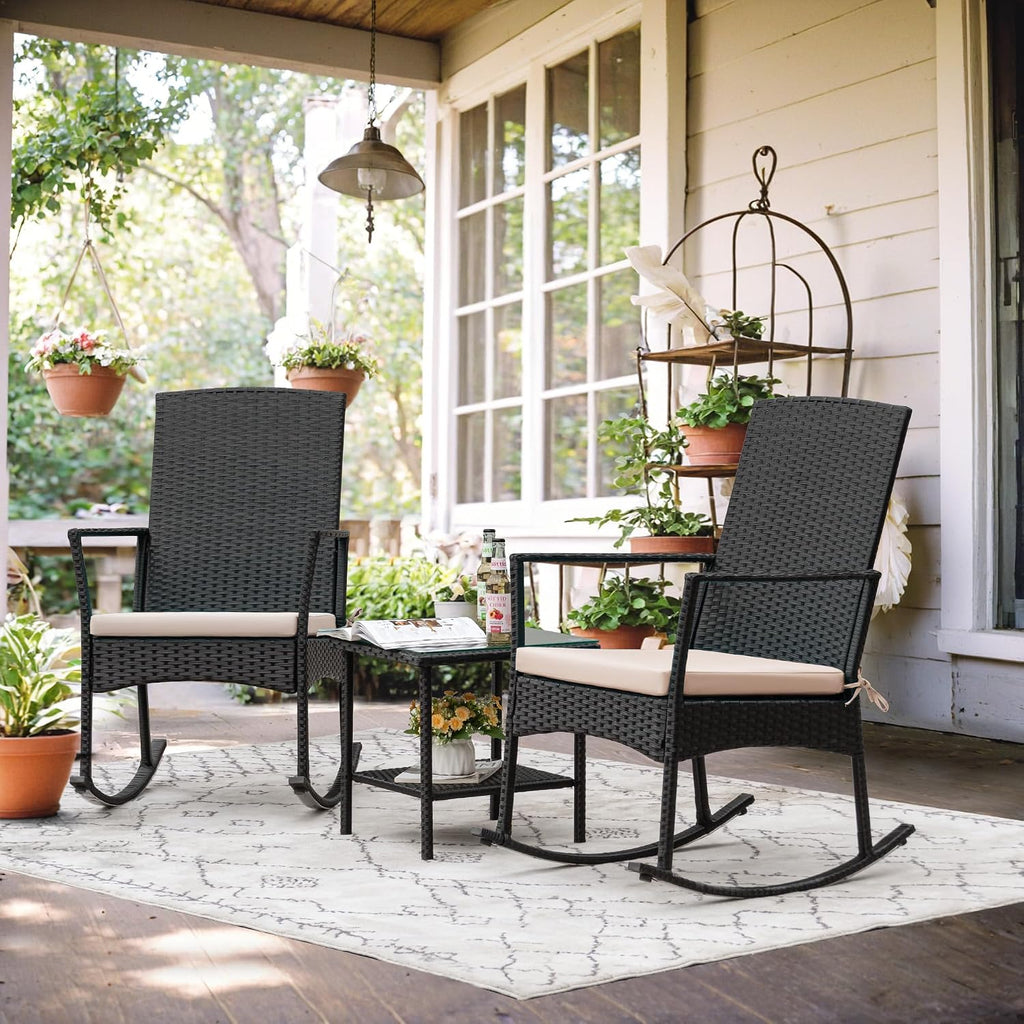 Rocking Chair Outdoor High Back Patio Chairs with Table,Beige | PE Rattan Porch Rocker Patio Conversation Sets for