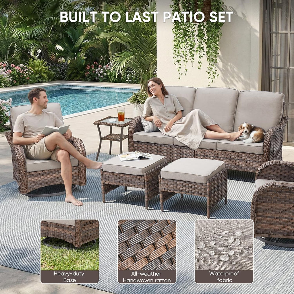 Patio Wicker Swivel Chairs -3 Piece Outdoor Swivel Rocking Chairs with Rattan Side Table, Ergonomic Design for Porch
