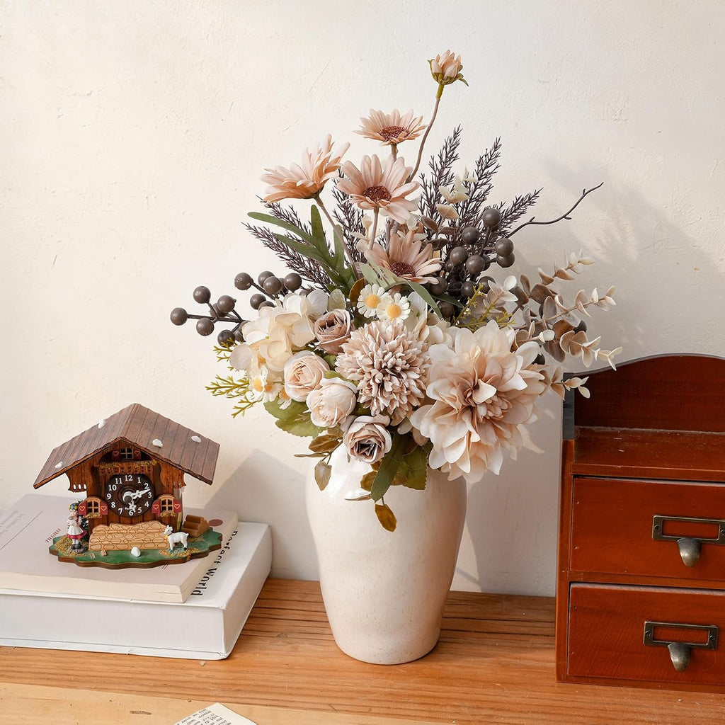 16-inch Artificial Fake Flowers Silk Table Arrangements Faux Plastic Floral Centerpieces with Roses, Dandelions