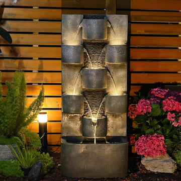 Outdoor Water Fountain Garden - Waterfall Large Water Feature Fountains with LED Lights & Pump
