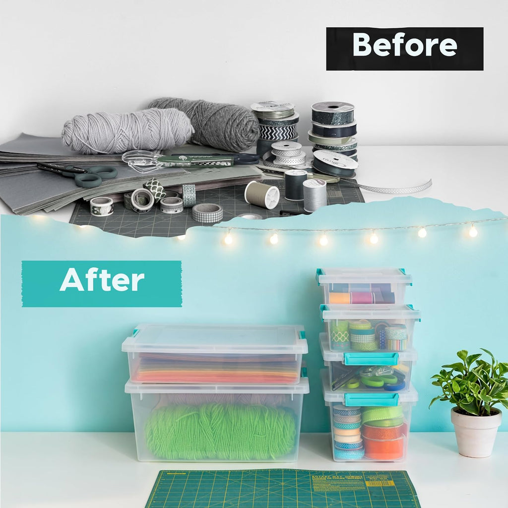 USA Storage Bins with Lids |Made in USA| 6 Qt - (4-Pack) - Clear | Sensory Craft Organizers, Plastic Clip Box Totes