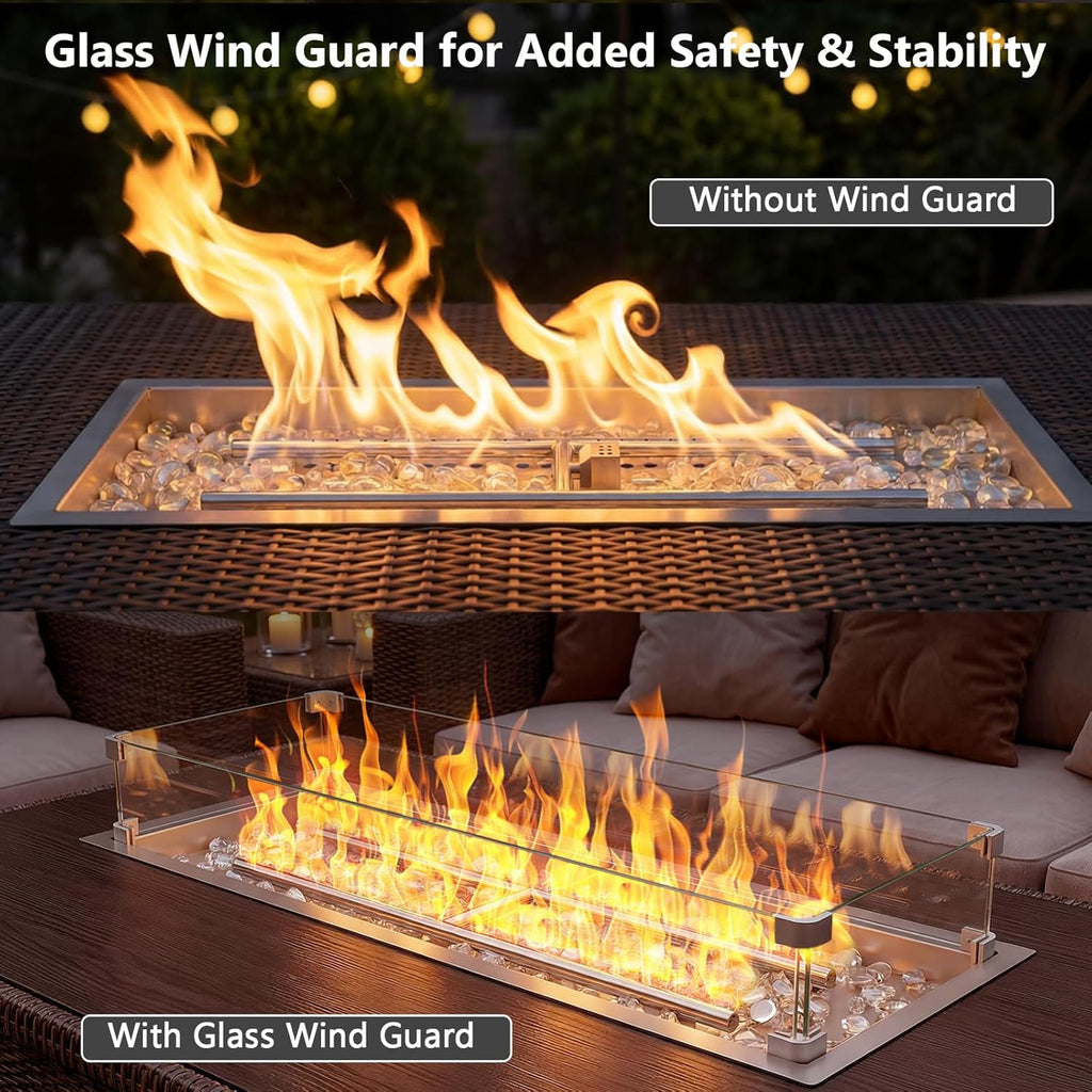 30 x 10 Inch Drop-in Fire Pit Kit, Premium Stainless Steel Modern Fire Trough with Tempered Glass Wind Guard, Burner Pan