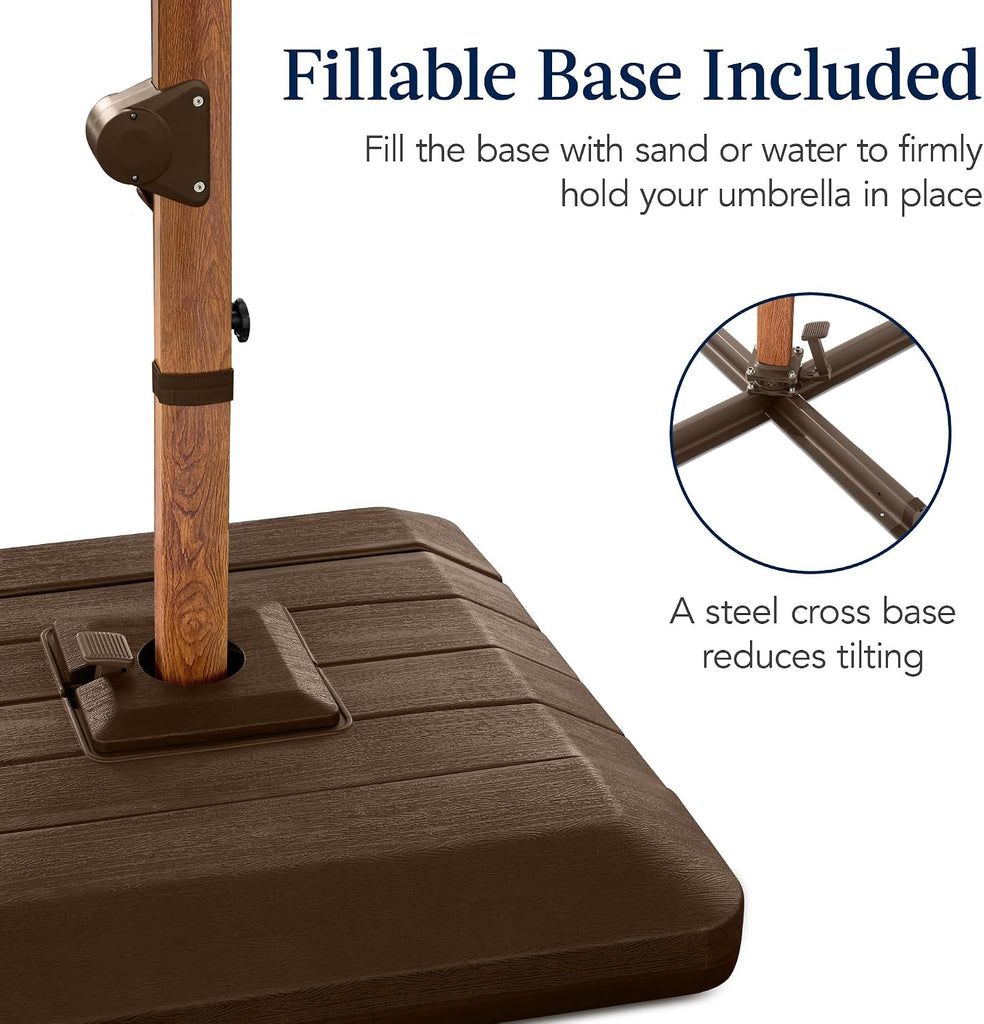 10ft Square Cantilever Patio Umbrella w/Base Included, Woodgrain Pattern Pole & Solar LED Lights, 360-Rotation