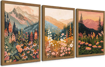 Boho Colorful Landscape Wall Art Set of 3, Vintage Wildflower Mountain Canvas Wall Decor Paintings, Rustic Nature