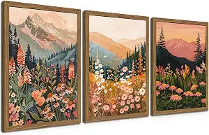 Boho Colorful Landscape Wall Art Set of 3, Vintage Wildflower Mountain Canvas Wall Decor Paintings, Rustic Nature