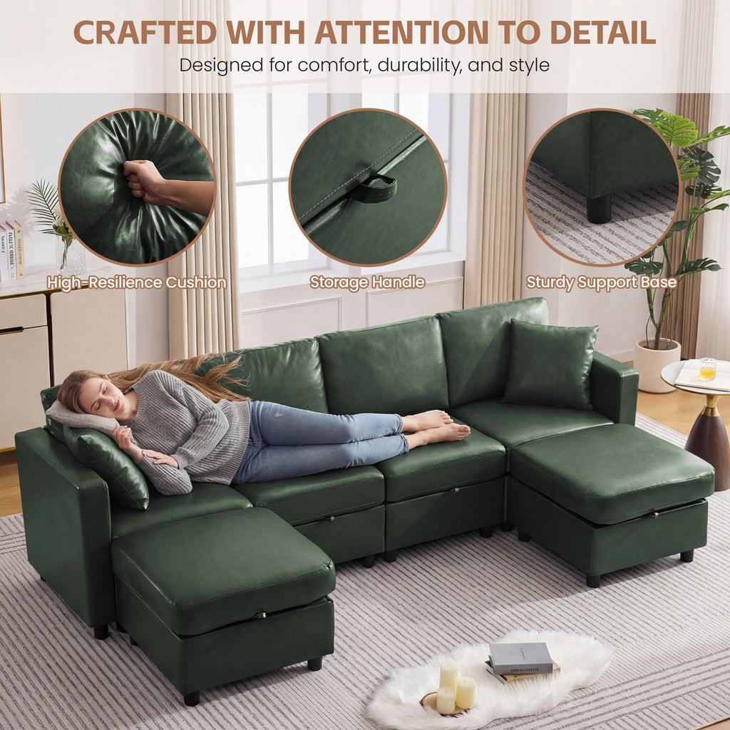25" Faux Leather Square Storage Ottoman for Modular Sectional Sofa, Green