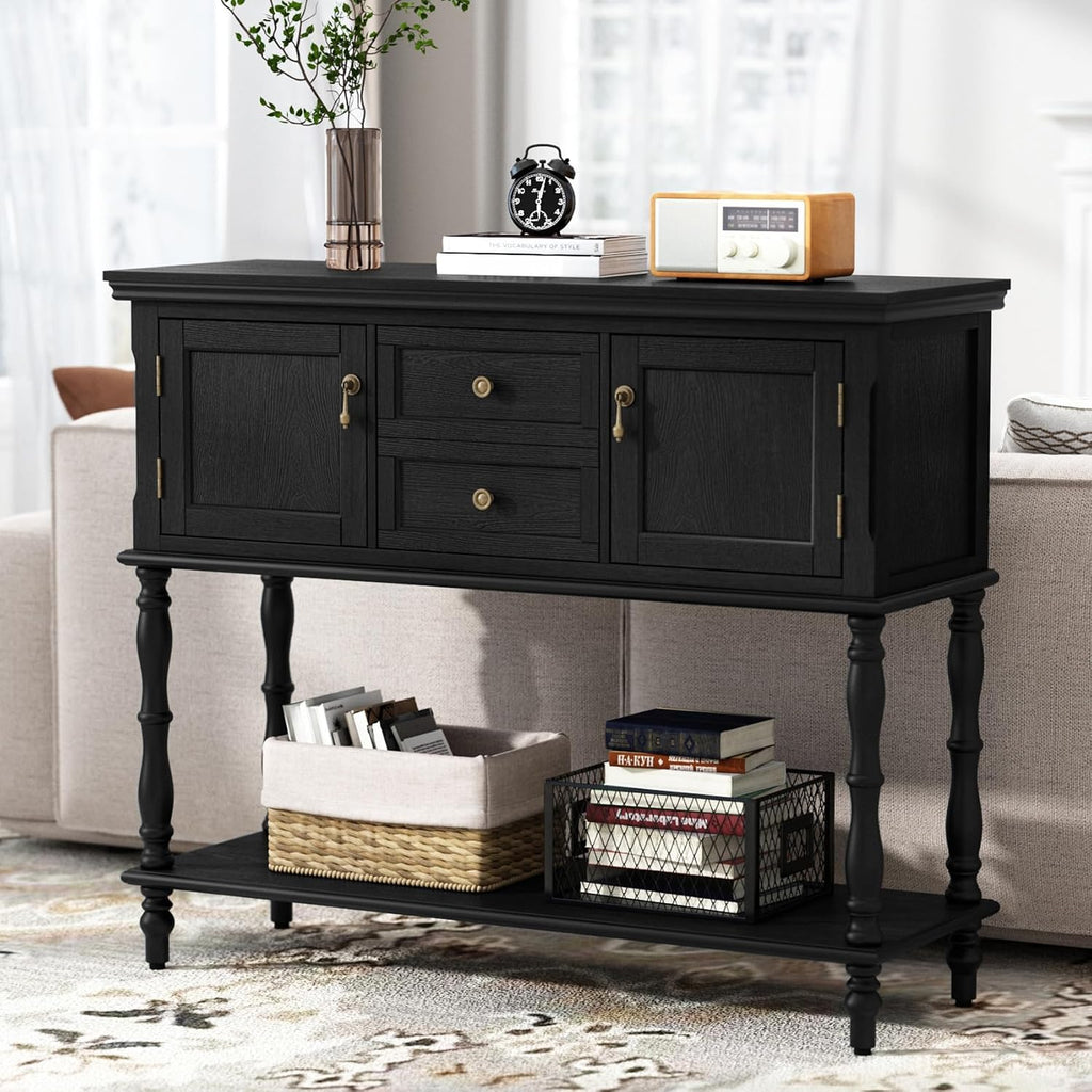 Console Table with 2 Drawers, Retro Entryway Table with 2 Door Cabinets and Open Storage Shelf, Narrow Long Behind
