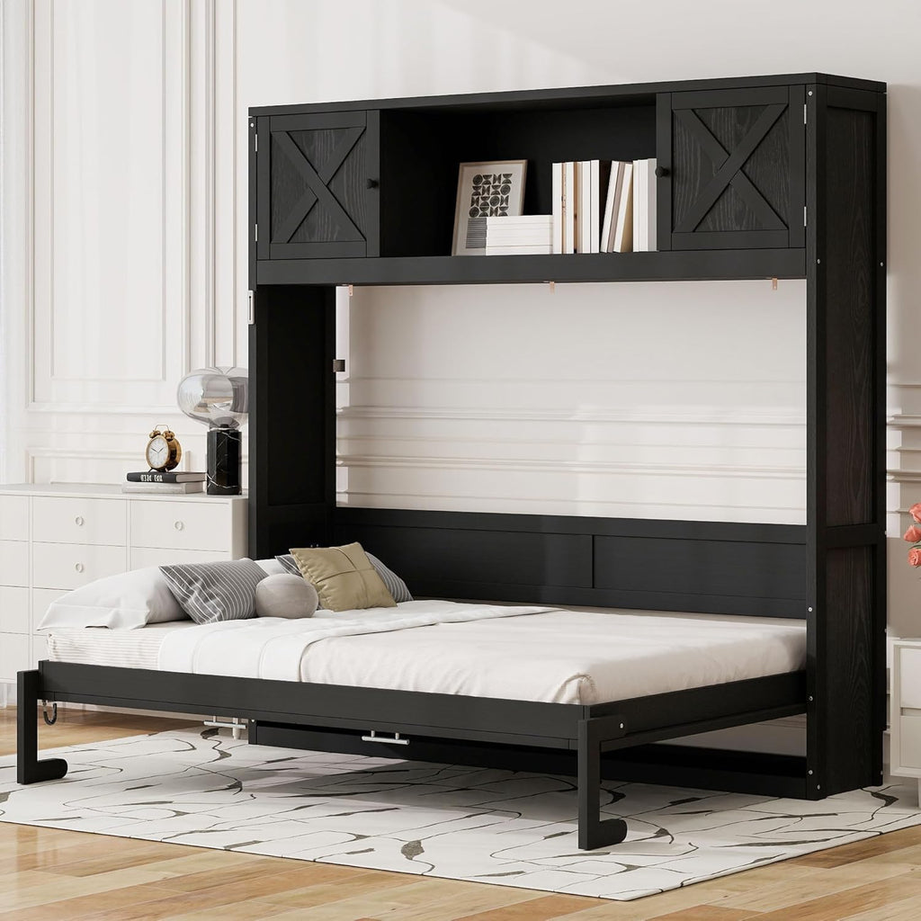 Queen Murphy Bed with Storage Cabinets, Wood Murphy Bedframe with Bookcase Shelves, Folding Wall Bed Cabinet for Adults (Black)