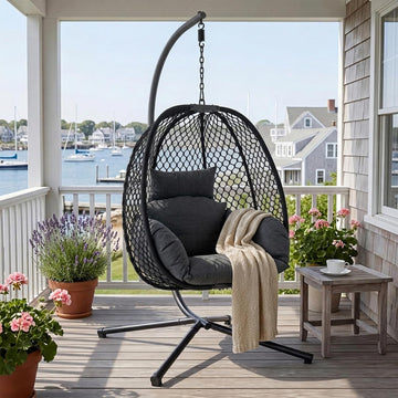Egg Chair Outdoor with Stand, 400lbs Wicker Hanging Egg Swing Chair, Porch Swing Rocking Chair with Thick Cushion