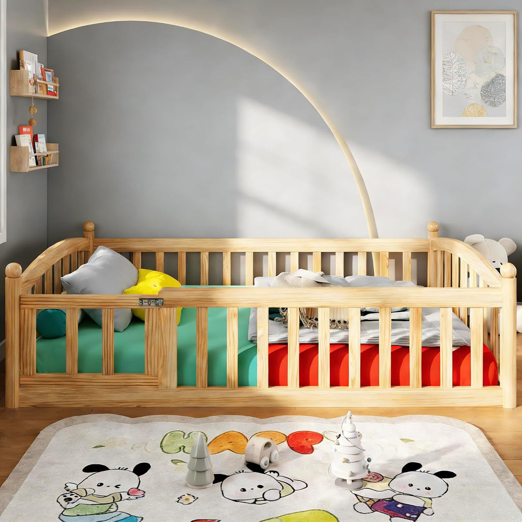 Twin Size Montessori Floor Bed with Door and Safety Guardrail, Solid Wood Low Profile Bed Frame with Slats, Easy