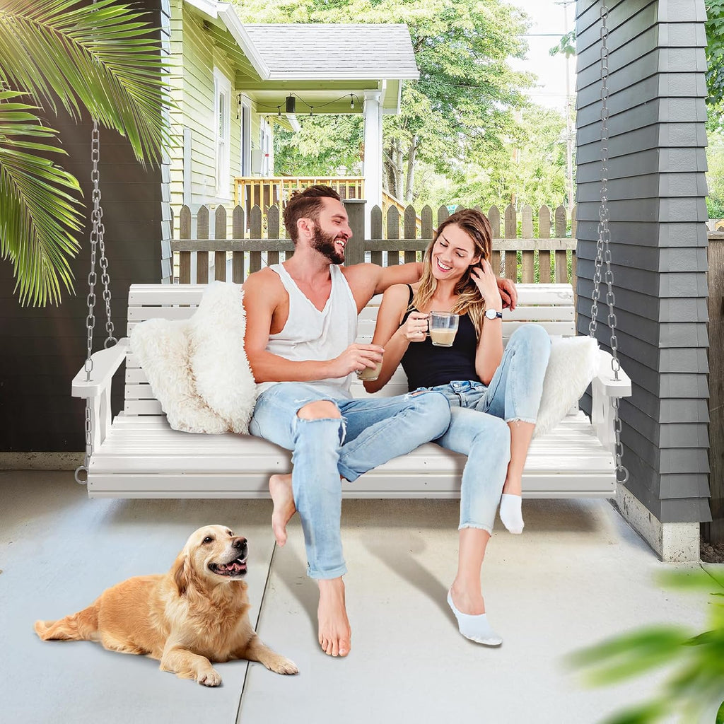 2026 Upgraded 5 FT Wooden Porch Swing, 880 LBS Heavy Duty, White | 2026 Upgraded Design; Heavy-Duty Wooden Swing;