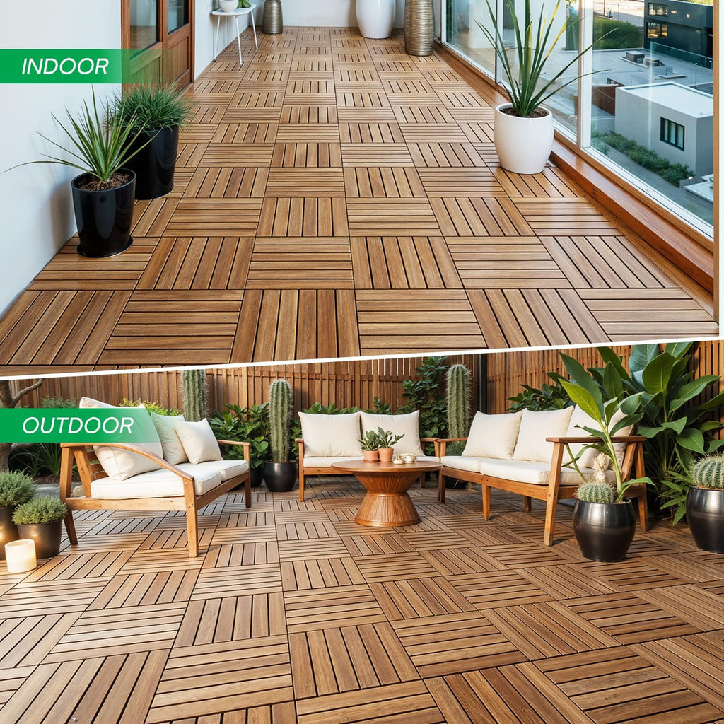 Interlocking Deck Tiles 9.6 SQFT - 10PCS Waterproof Acacia Wood Patio Tiles, Flooring Tiles for Indoor and Outdoor