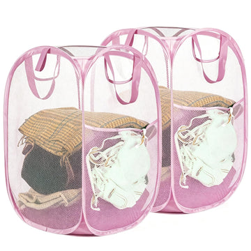 2Pack Strong Mesh Pop Up Laundry Hamper, 70L Collapsible Laundry Basket with Steel Frame, Double‐Stitched Handles &