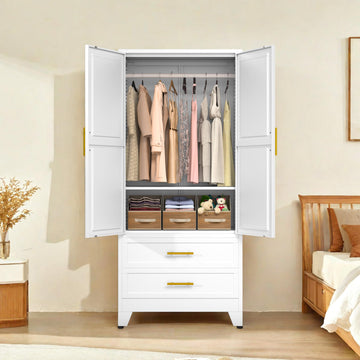 White 71" Metal Armoire Wardrobe Closet, Bedroom Clothing Storage Cabinet with 2 Drawers and Hanging Rod