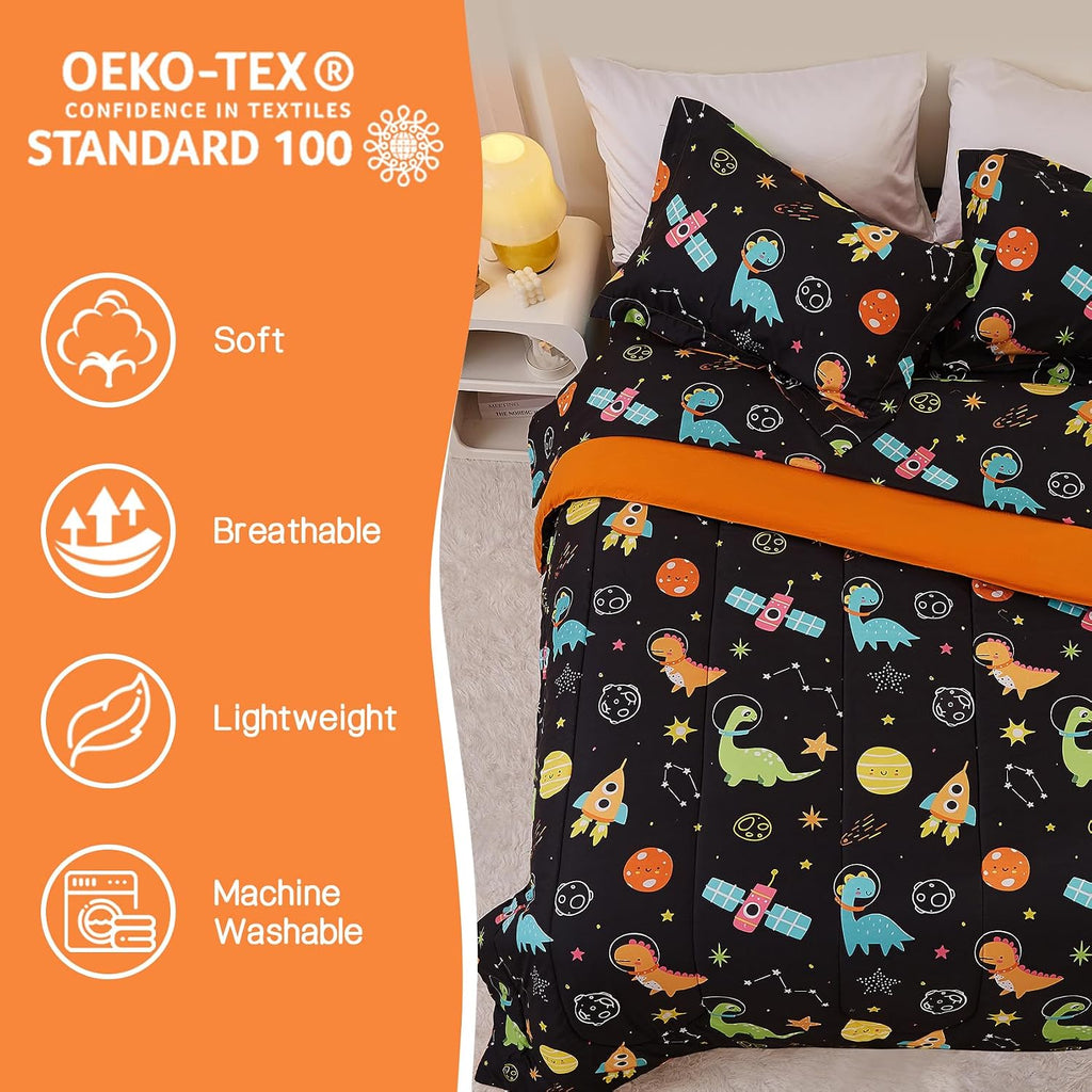 Space Dinosaur Kids Comforter Set for Boys, Cute Quilted Black Printed Bedding Set with Pillow Sham, Lightweight
