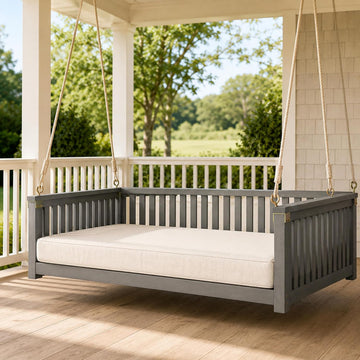 Outdoor Porch Swing Bed, Twin Size Acacia Wood Daybed (Gray) | Acacia Wood Frame, Hemp Ropes, Fits Twin Mattress