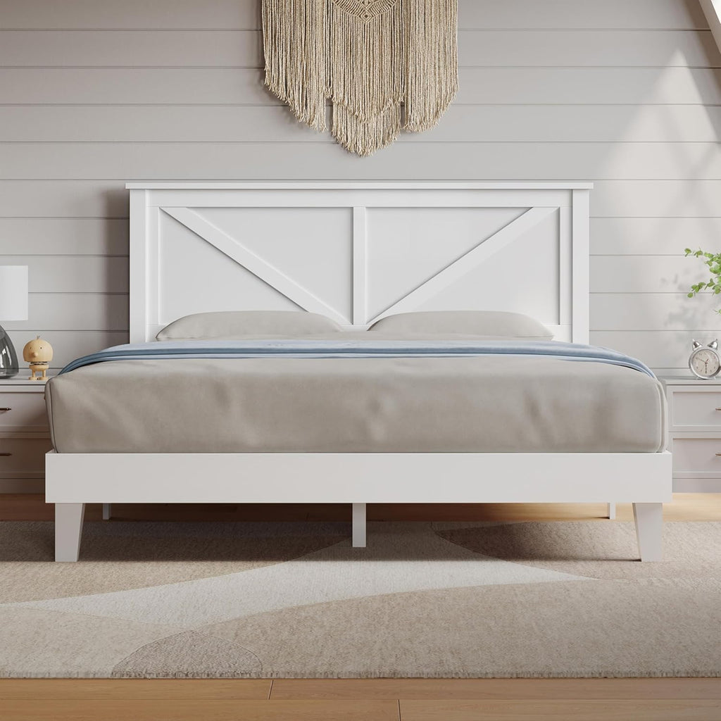 Wood Bed Queen, Farmhouse White Rubberwood Platform Bed Frame with V-Designed Headboard, Sturdy Wooden Support Slats
