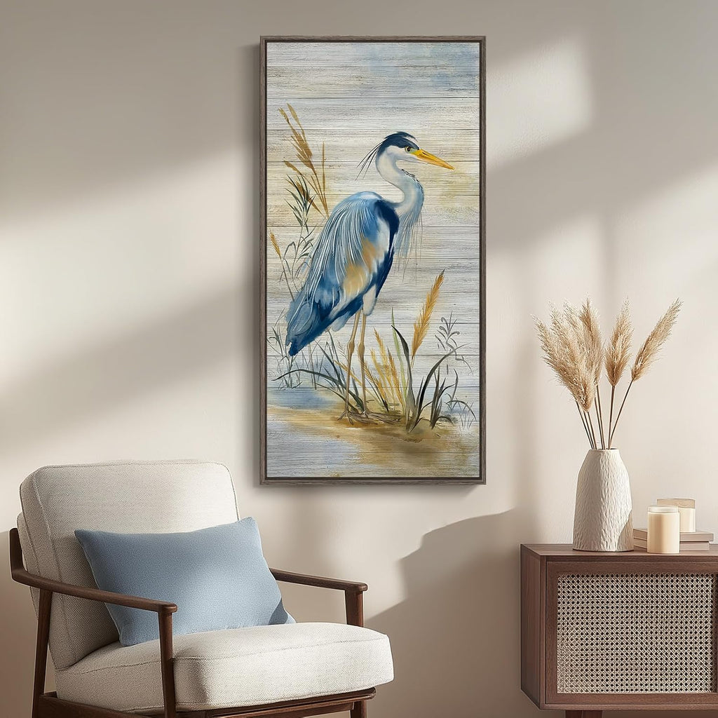 Framed Vertical Blue Heron Living Room Wall Art, Large Vintage Bird Picture Artwork for Walls, Coastal Heron