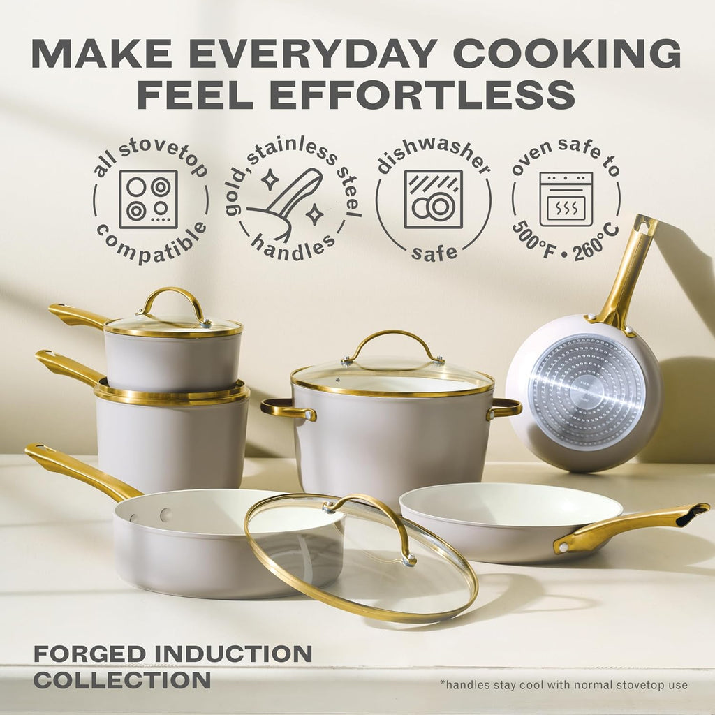 Forged Induction Ceramic Nonstick Cookware Set, 12-Piece, Taupe Pots & Pans