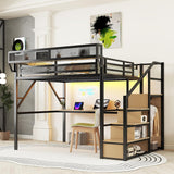 Queen Metal Loft Bed Frame with Desk, Staircase, Built-in Storage Shelves and Wardrobe