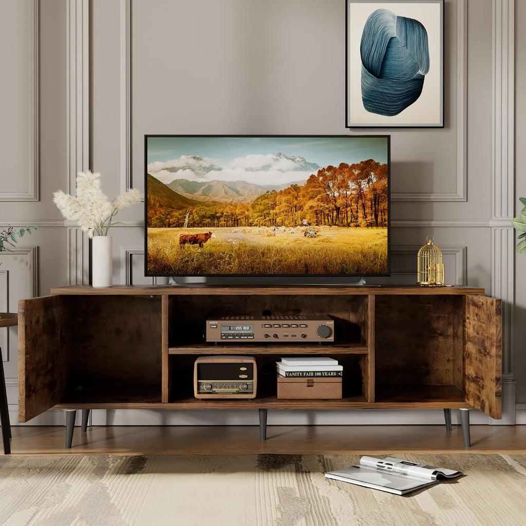 TV Stand for 65 Inch TV, Mid Century Modern TV Stand, Entertainment Center with Storage Cabinet and Open Shelves, TV