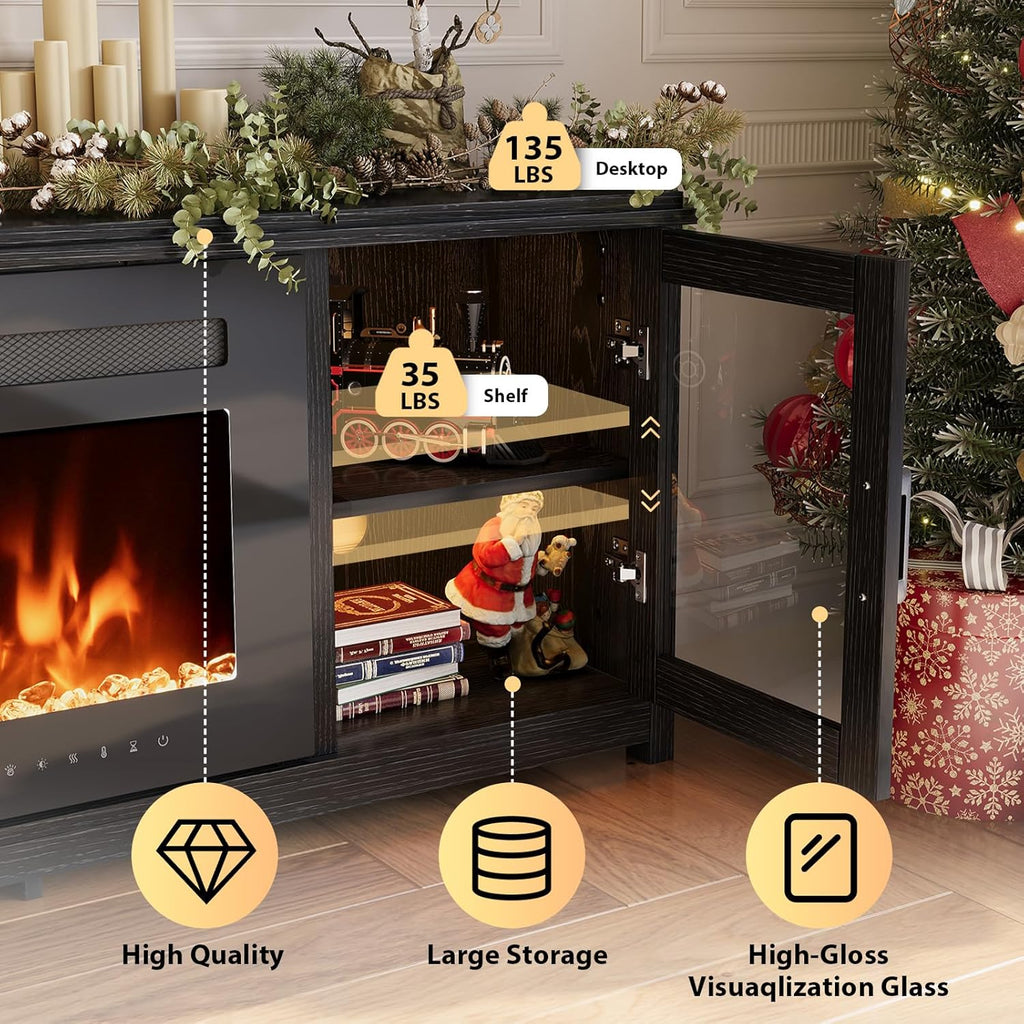 90" Fireplace TV Stand, Modern Entertainment Center with 60 Inch Electric Fireplace, Adjustable Shelf & Glass Door