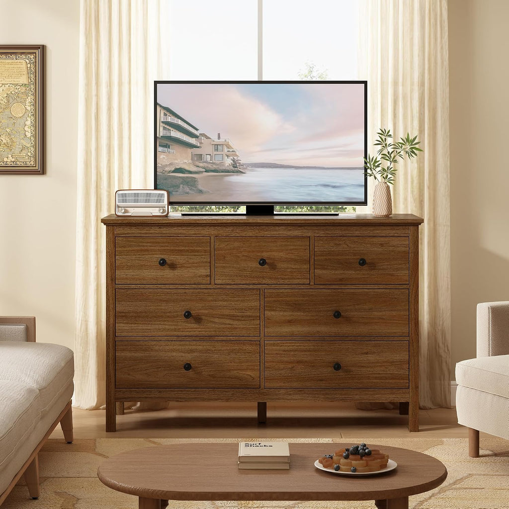 47" Walnut Dresser with 7 Drawer & Metal Handles | Wood Dressers & Chests of Drawers with Wide Drawers for Hallyway