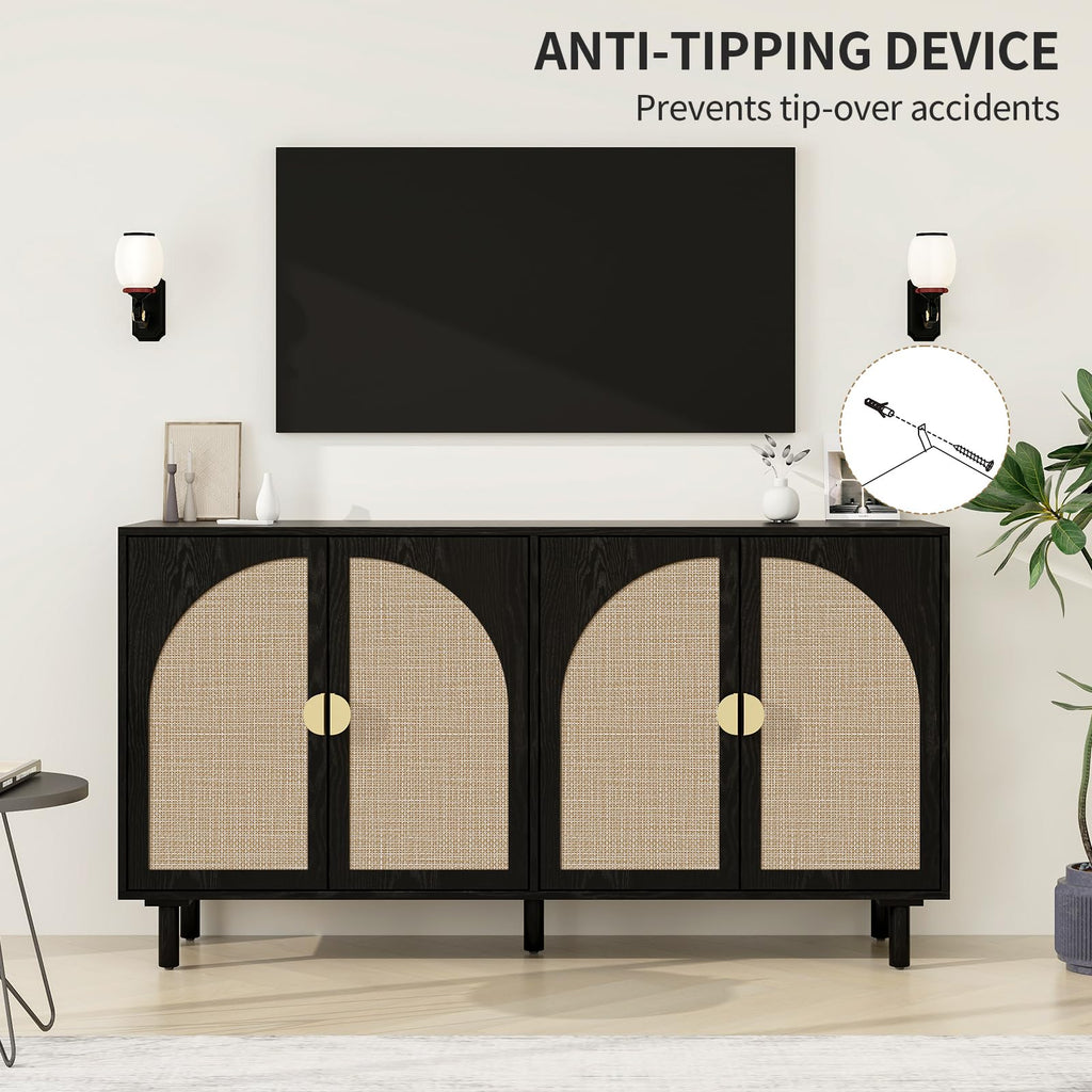 Sideboard Buffet Cabinet with Storage - Rattan 4 Door Cabinet, Accent Storage Cabinet with Cane Door, Boho Wood
