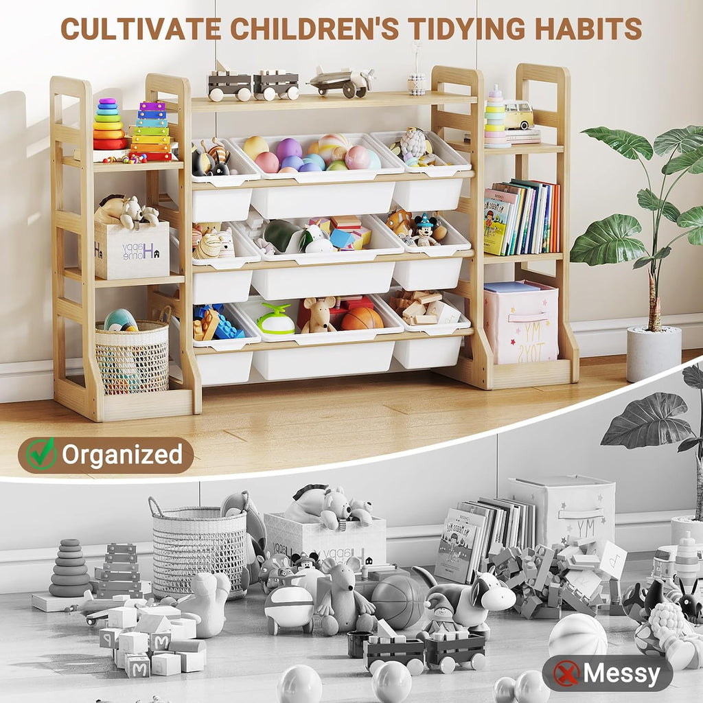 Kids Toy Storage Organizer with Bookshelf, 6 Shelves 9 Bins | Wooden Toy Shelf, Storage Boxes, Extended Base Sturdy