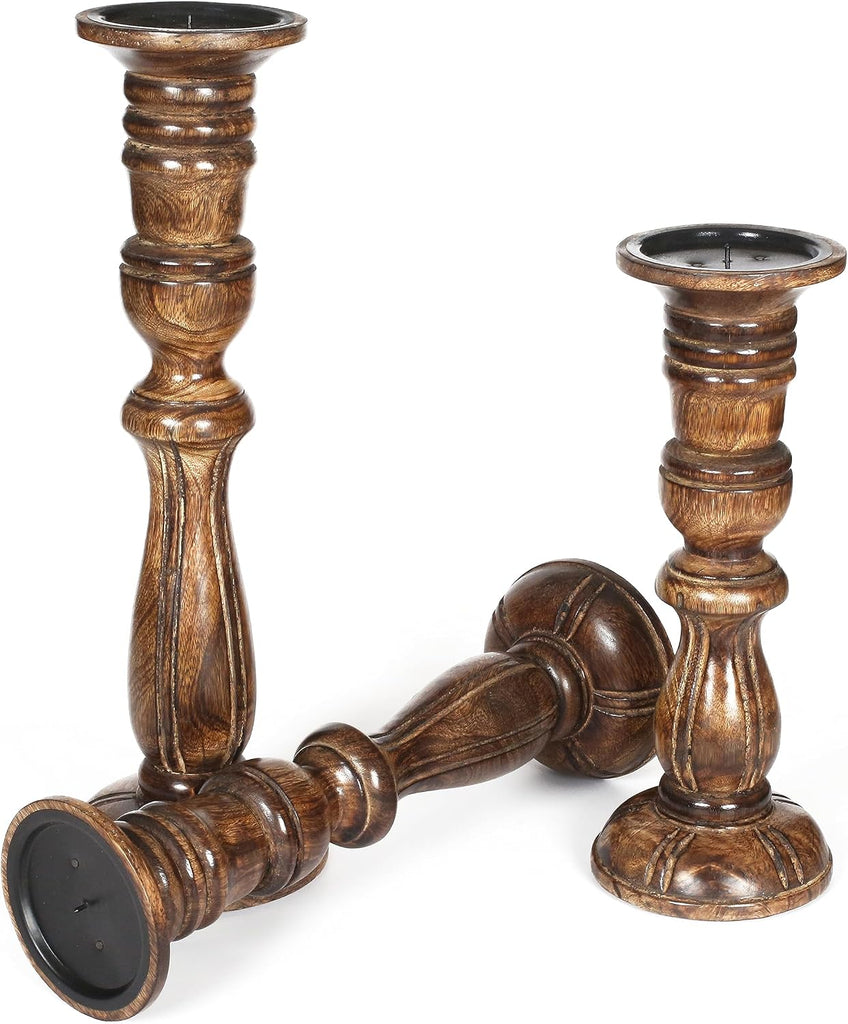 Wooden Candle Holder Set of 3, Tall Natural Burnt Pillar Candle Holders, Rustic Farmhouse Decor, Brown Wooden Candle