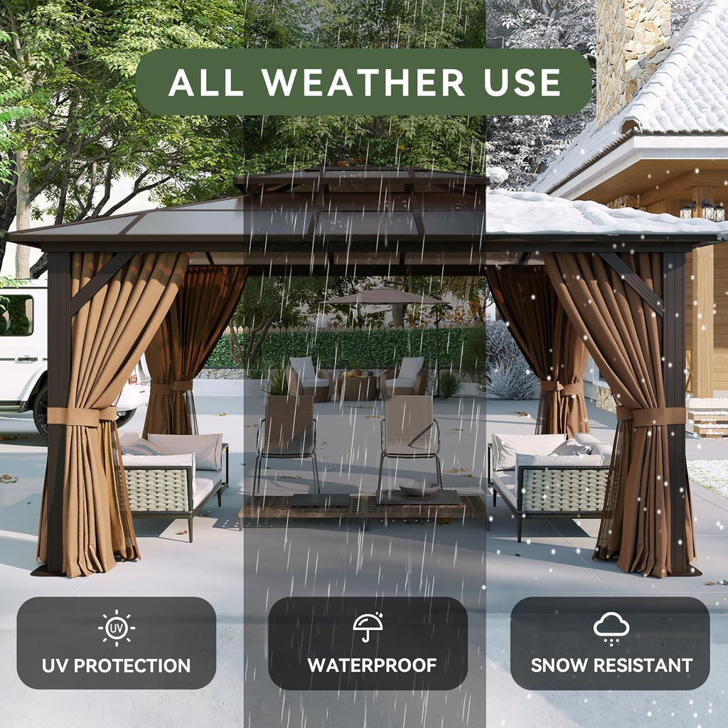 12'x10' Hardtop Gazebo, Aluminum Frame Permanent Pavilion with Curtains and Netting