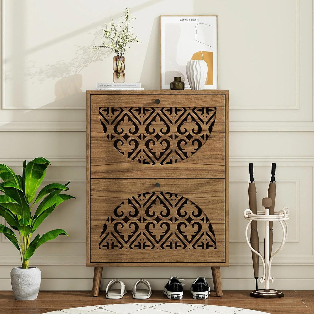 6.7" Ultra-Slim Shoe Cabinet with 2 Flip Drawers, Walnut | Heart-Shaped Hollow-Carved Entryway Organizer for Heels &