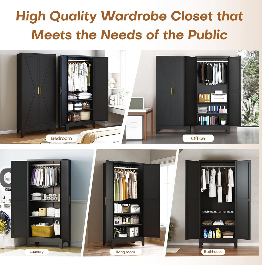 71" Armoire Wardrobe Closet, Metal Wardrobe Closet with Hanging Rod | Wardrobe Closet with Doors, Wardrobe Cabinet