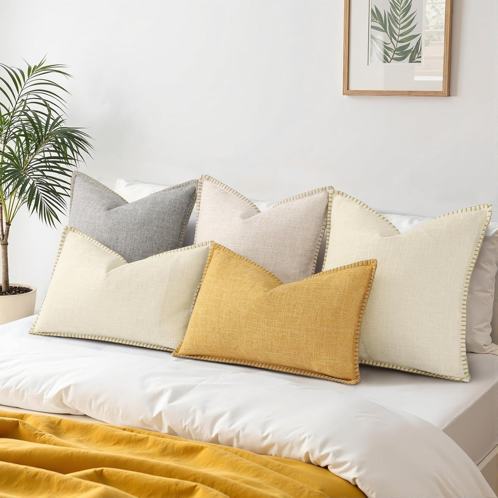 Summer Decorative Throw Pillow Covers 18x18 Set of 2 Square Faux Linen Outdoor Neutral Farmhouse Pillow Covers with