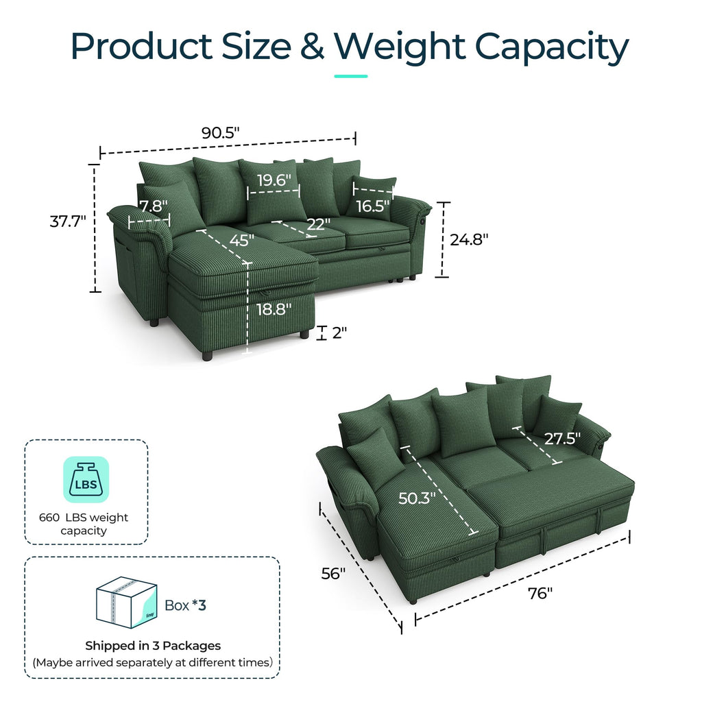 Sectional Couch with Pull Out Bed, Large Corduroy Modular Sleeper Sofa, Storage Chaise, Wide Armrest, 90" 3 Seats