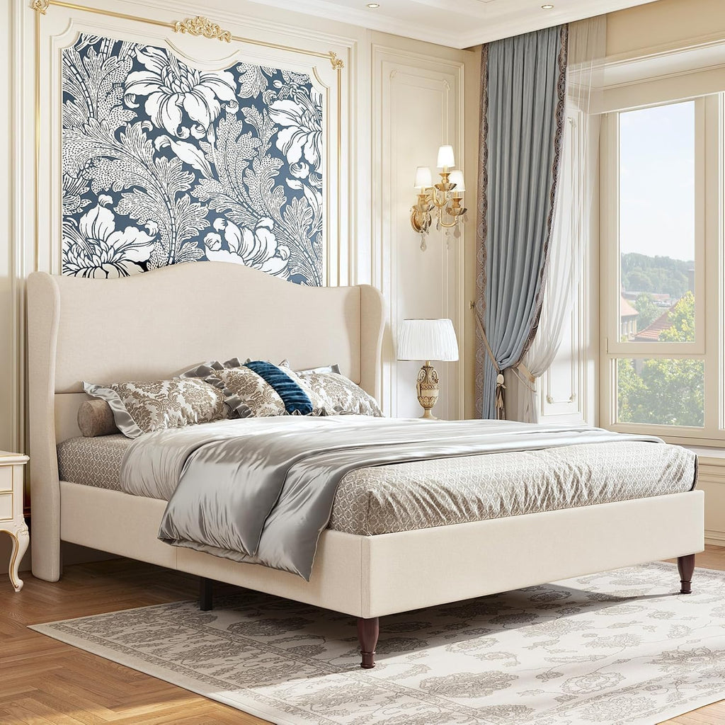 Queen Bed Frame Upholstered Platform Bed with 51" Tall Headboard Wingback, Soft Fabric