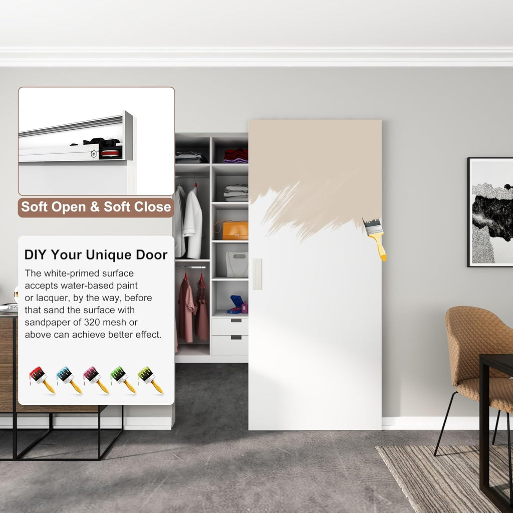 30"x84" Flush Solid Core White Primed Concealed Sliding Hidden Barn Door with Soft Close Installatio
