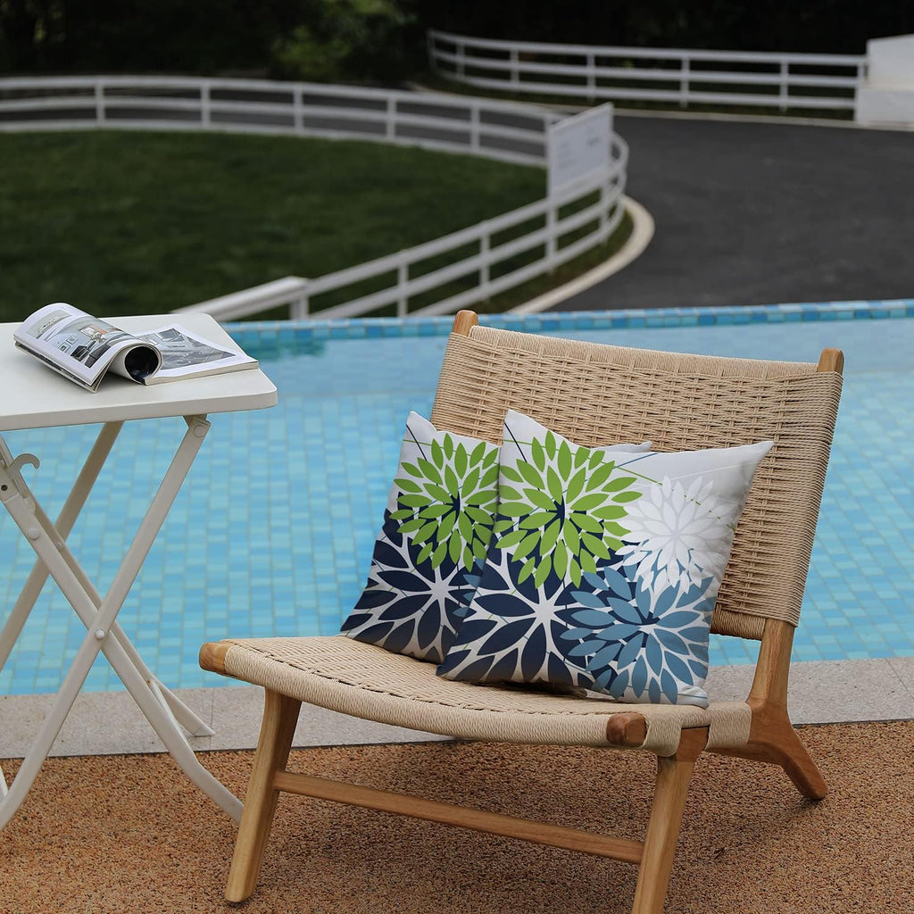 Outdoor Throw Pillow Covers 18x18 Inch Set of 2 Waterproof Spring Summer Geometric Elegant Blue Green Outdoor Pillow