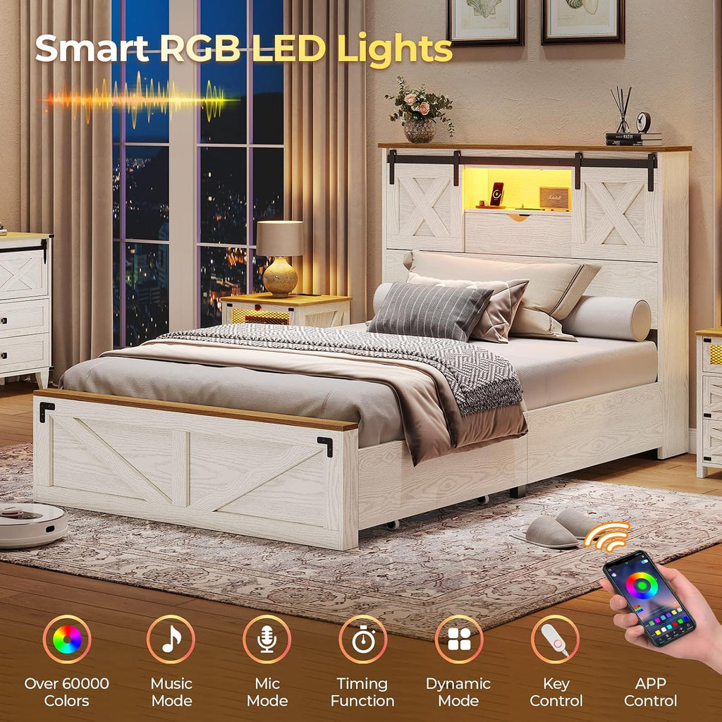 Farmhouse Bed Frame Twin with 2 Storage Drawers, Wooden Platform Twin Bed with LED Lights and Charging Station