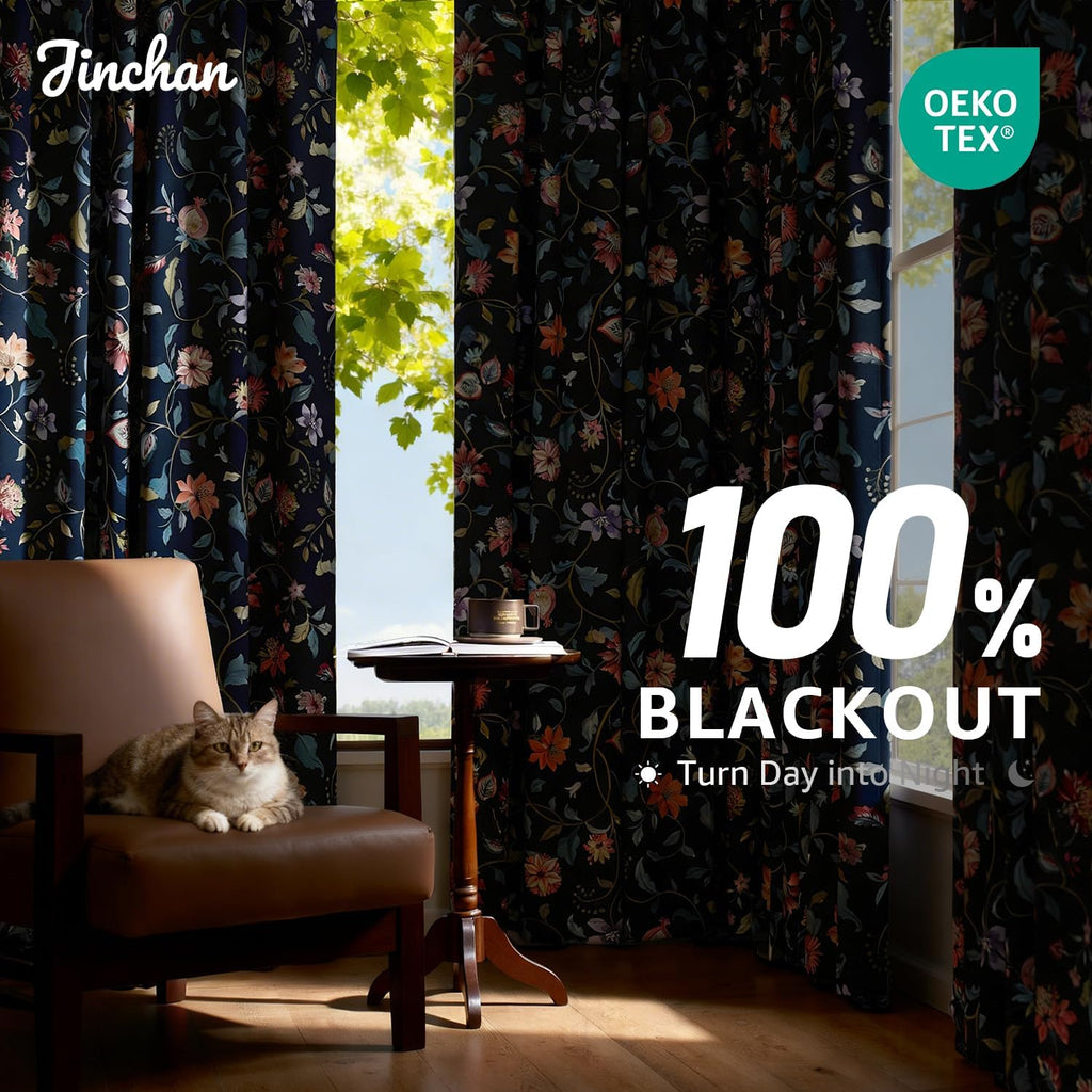 Taupe Floral Blackout Curtains 96 Inch Farmhouse Back Tab 2 Panels