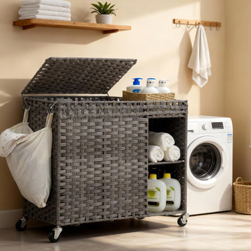 Laundry Hamper with Lid, 160L Rattan Wicker Laundry Basket with Wheels, Handwoven Laundry Hamper 2-Section with