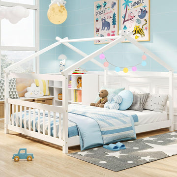 Full Size Floor Bed, Solid Wood Montessori House Bed with Roof, Headboard and Footboard, Low Full Bed Frame for Kids