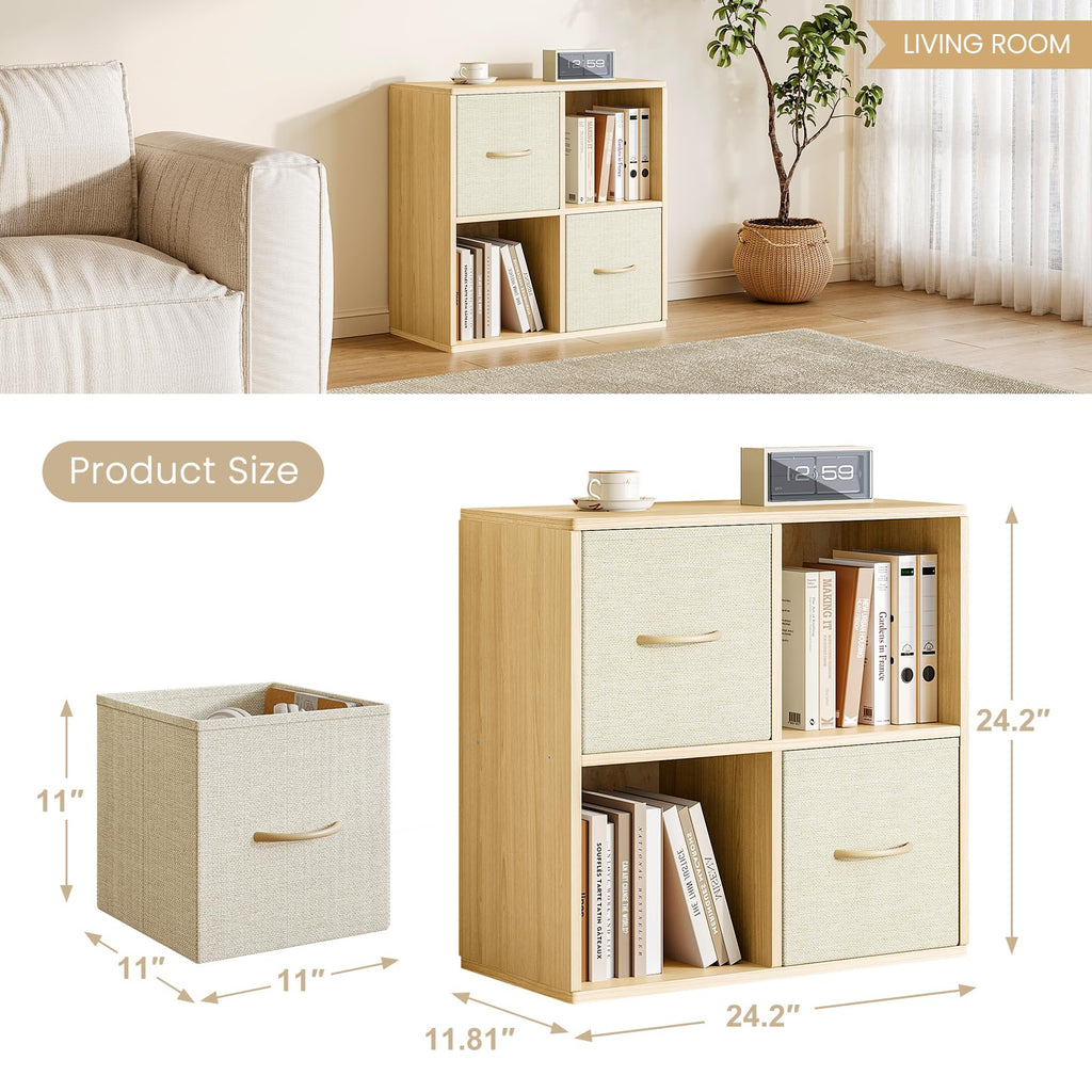 4 Cube Storage Organizer - Solid Wood Bookshelf with 2 Storage Bins, Cube Shelf with 2 Removable Back Panels
