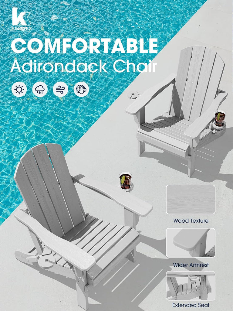 Folding Adirondack Chair with 2 Cup Holders, Silver Grey | HDPE Composite | Waterproof | Wood Grain | Hidden Cup &