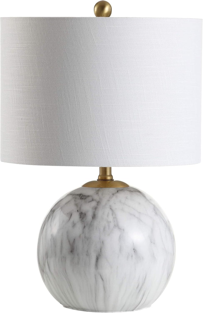 21.5" White/Brass Gold Faux Marble Resin Table Lamp, Glam Geometric Sphere Base Bedroom, White Linen Drum Shade